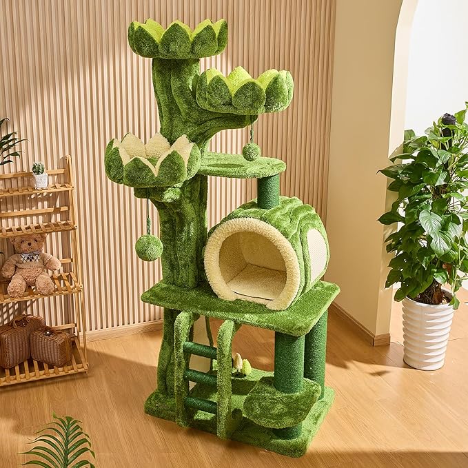 Luxury Lotus Flower Cat Tree — 80" Solid Wood Tall Cat Tower with 3 Sculptural Lotus Platforms (Multi-Cat)