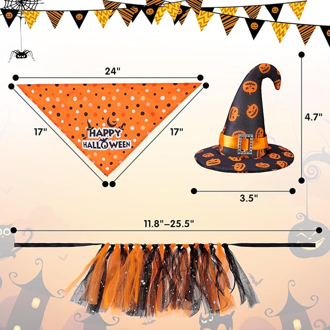Halloween Dog Costume Set | Bandana, Hat & Tutu Skirt (3-Piece) | Size S
