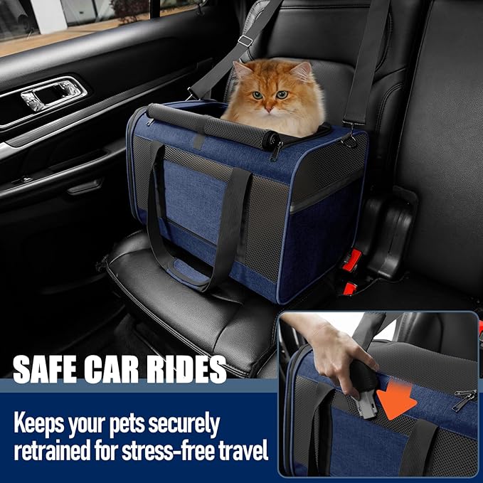 Soft-Sided Pet Travel Carrier | Up to 20 lbs | 5-Sided Mesh Ventilation | Navy