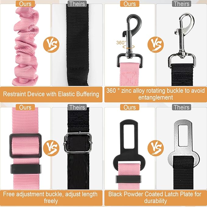 Retractable Dog Car Seat Belt – Adjustable Safety Harness Leash (Light Pink)