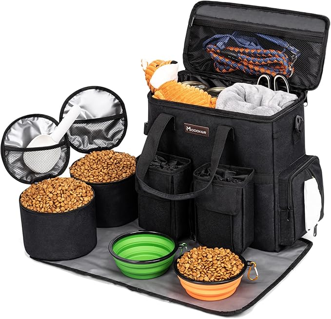 Airline-Approved Dog Travel Bag Set | 8-Piece Kit with Treat Pouches, Bowls & Placemat | Black