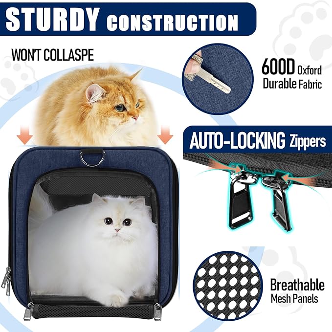 Soft-Sided Pet Travel Carrier | Up to 20 lbs | 5-Sided Mesh Ventilation | Navy