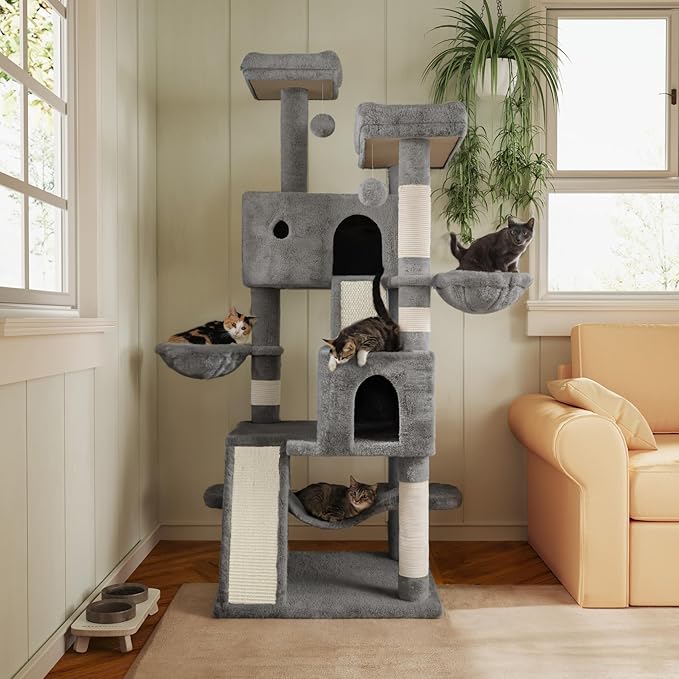 MUTICOR 66" Multi-Level Cat Tree — Plush Perches, Condo, Hammock & Sisal Posts for Large Indoor Cats (Grey)