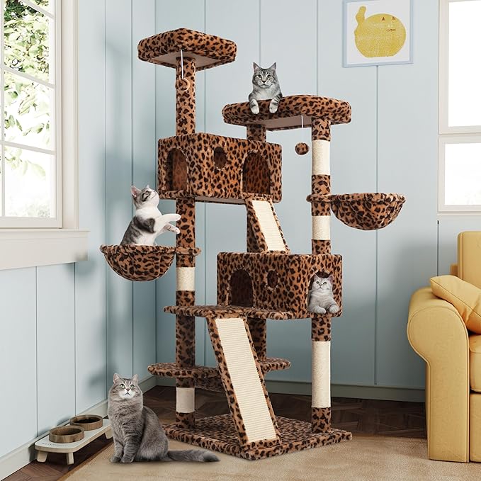 MUTICOR 66" Multi-Level Cat Tree — Plush Perches, Condo, Hammock & Sisal Posts for Large Indoor Cats (Leopard Print)