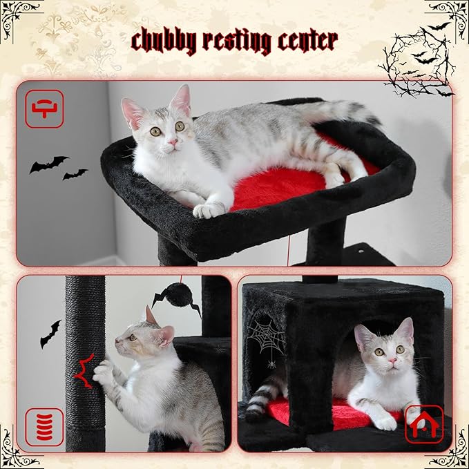 PETEPELA Gothic Black Cat Tree — 56" Tall Tower with Super Large Hammock, Condo & Sisal Posts (Halloween & Dark Decor)