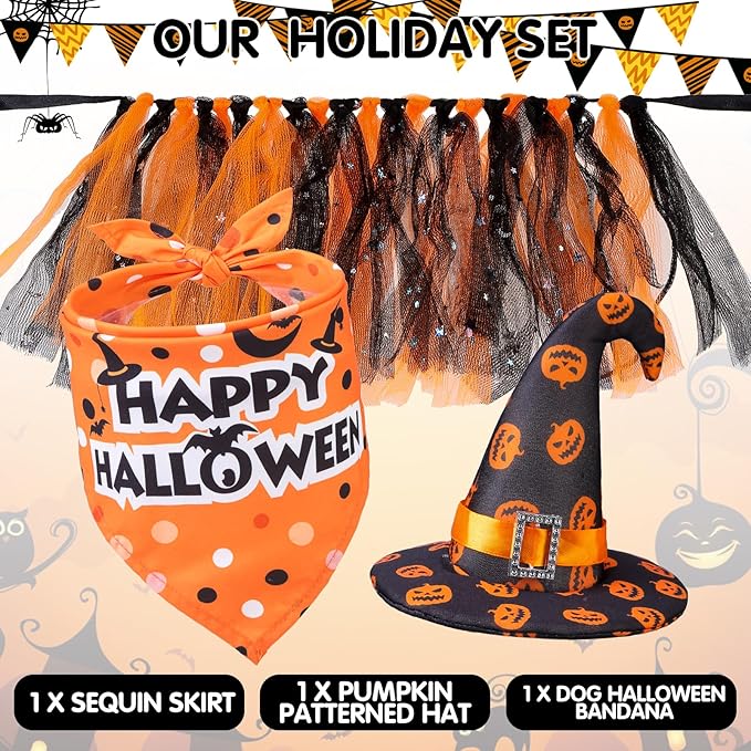 Halloween Dog Costume Set | Bandana, Hat & Tutu Skirt (3-Piece) | Size S