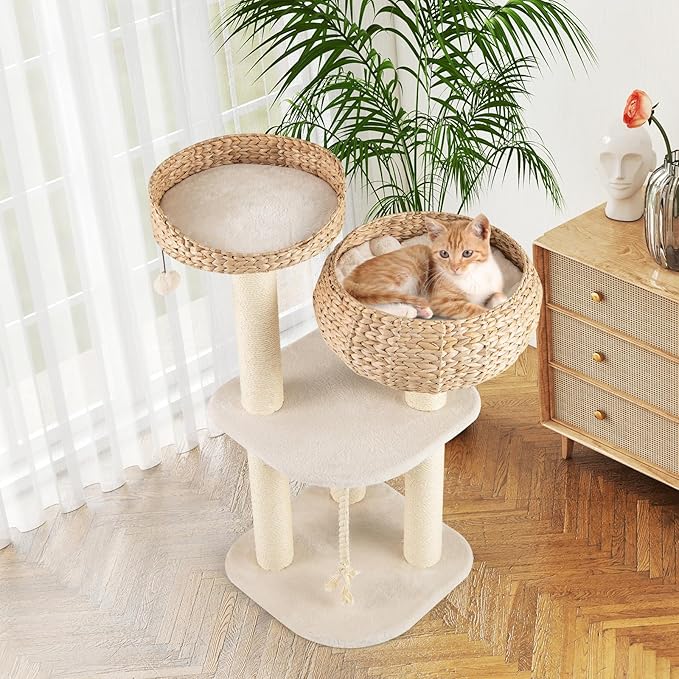 Tangkula Modern Cat Tree — Handmade Wicker Condo, Sisal Posts, Top Perch & Hanging Toy (41")