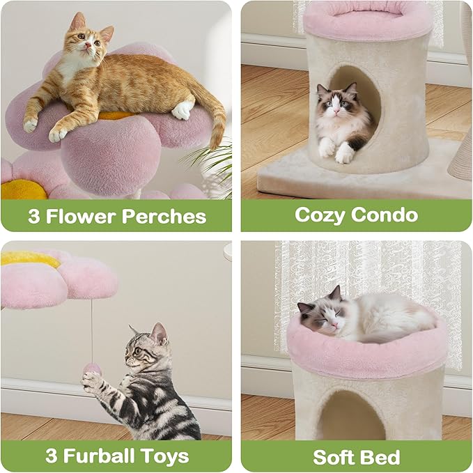 The Floral Cat Tree — 57" Pink Aesthetic Cat Tower with Steel Frame & 5 Levels (Large Cats)