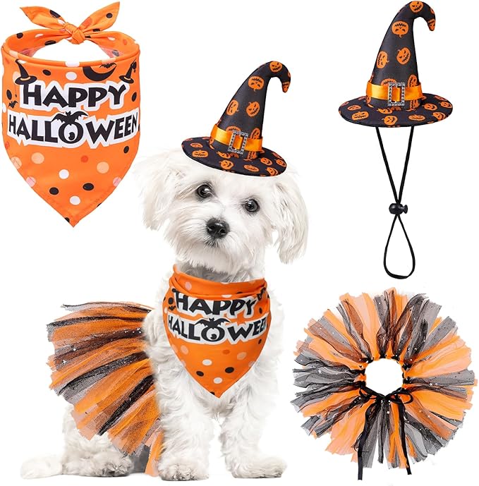 Halloween Dog Costume Set | Bandana, Hat & Tutu Skirt (3-Piece) | Size S