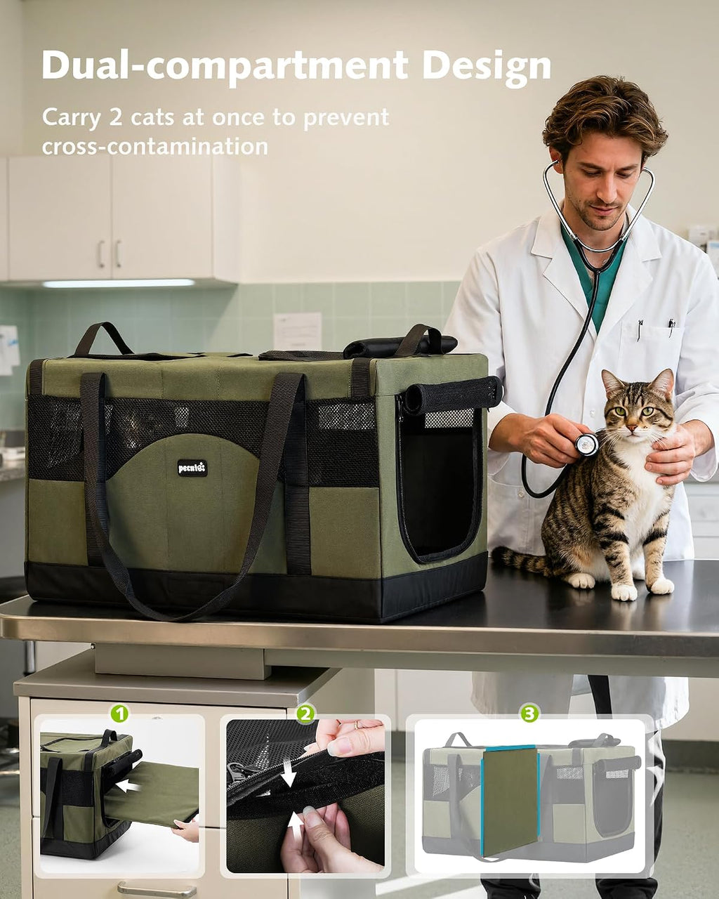 Double Cat Carrier with Removable Divider | Soft-Sided Travel Carrier for Two Cats