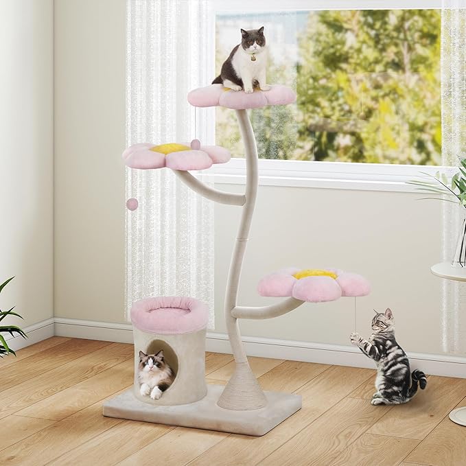 The Floral Cat Tree — 57" Pink Aesthetic Cat Tower with Steel Frame & 5 Levels (Large Cats)