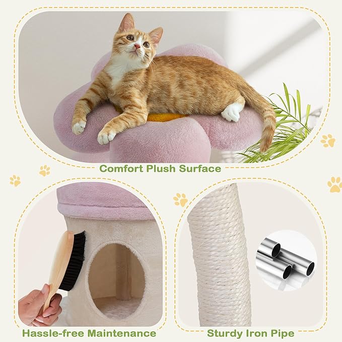 The Floral Cat Tree — 57" Pink Aesthetic Cat Tower with Steel Frame & 5 Levels (Large Cats)