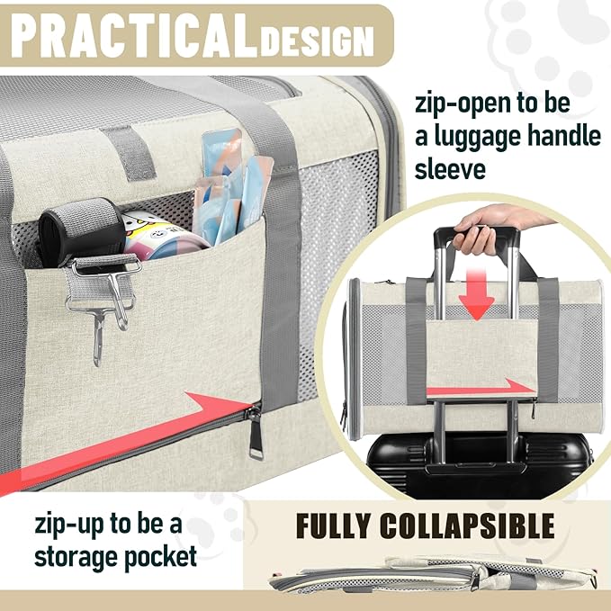Soft-Sided Pet Travel Carrier | Up to 20 lbs | 5-Sided Mesh Ventilation | Beige