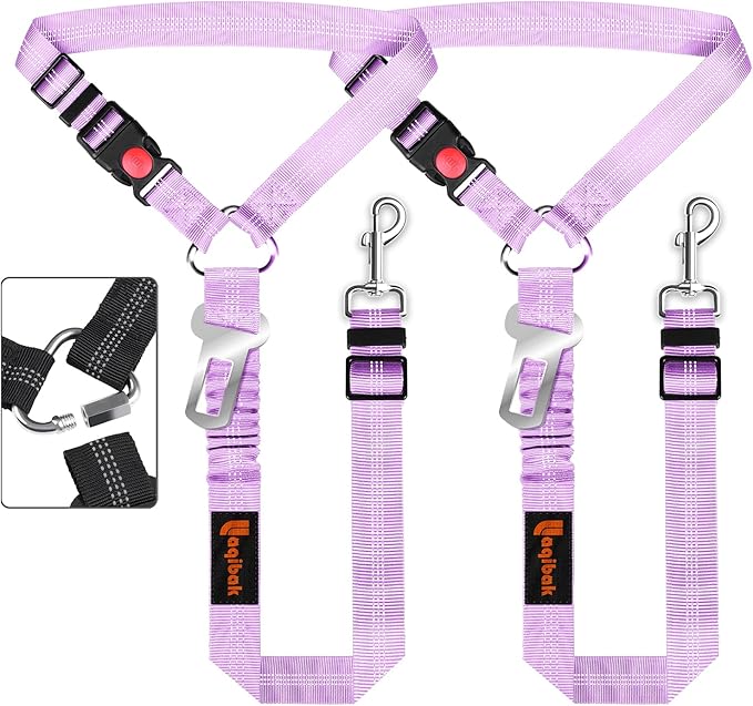 3-in-1 Dog Car Seat Belt Harness – Reflective Bungee Leash & Headrest Tether (2-Pack, Purple)