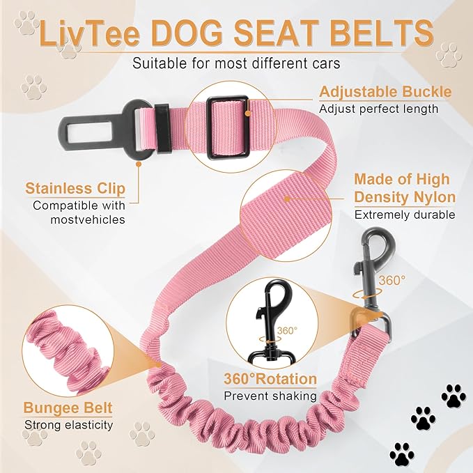 Retractable Dog Car Seat Belt – Adjustable Safety Harness Leash (2-Pack, Light Pink)