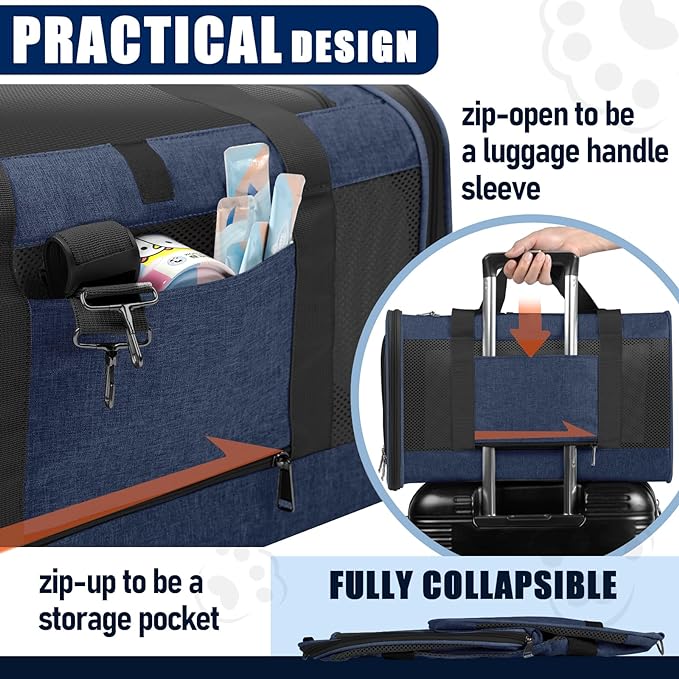Soft-Sided Pet Travel Carrier | Up to 20 lbs | 5-Sided Mesh Ventilation | Navy
