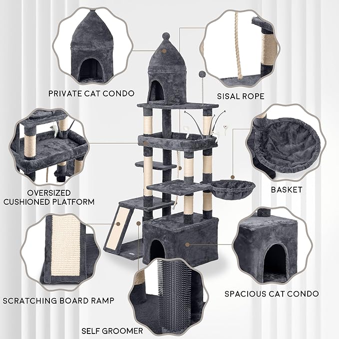 72" Heavy-Duty Large Cat Tree Tower — Sisal Posts, Oversized Perch, Basket & Interactive Toys (Dark Grey)