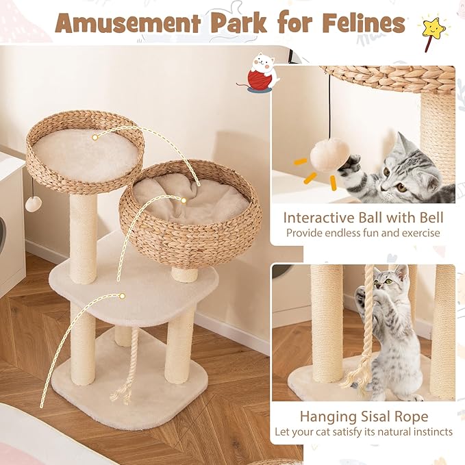 Tangkula Modern Cat Tree — Handmade Wicker Condo, Sisal Posts, Top Perch & Hanging Toy (41")