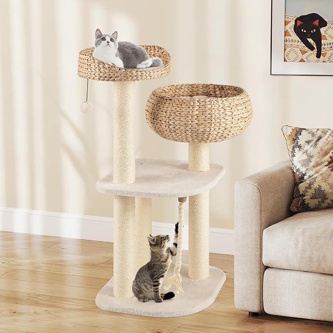Tangkula Modern Cat Tree — Handmade Wicker Condo, Sisal Posts, Top Perch & Hanging Toy (41")