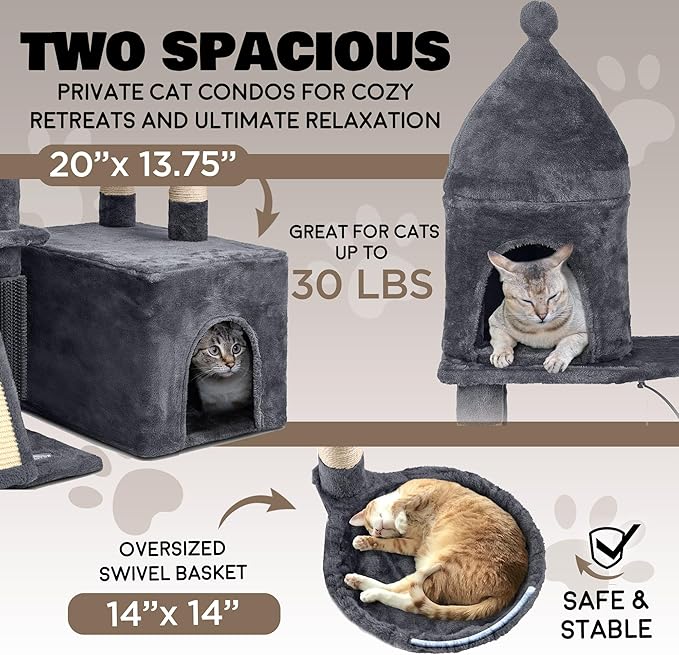 72" Heavy-Duty Large Cat Tree Tower — Sisal Posts, Oversized Perch, Basket & Interactive Toys (Dark Grey)