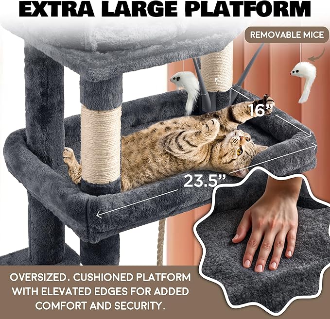 72" Heavy-Duty Large Cat Tree Tower — Sisal Posts, Oversized Perch, Basket & Interactive Toys (Dark Grey)