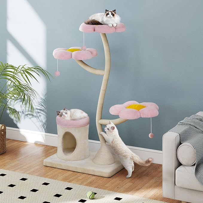 The Floral Cat Tree — 57" Pink Aesthetic Cat Tower with Steel Frame & 5 Levels (Large Cats)