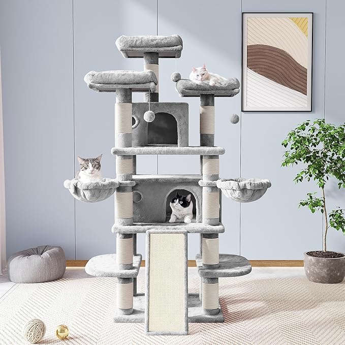 Allewie 68" Large Cat Tree — Multi-Level Climbing Tower with Condo, Sisal Posts & Plush Perches (Light Grey)
