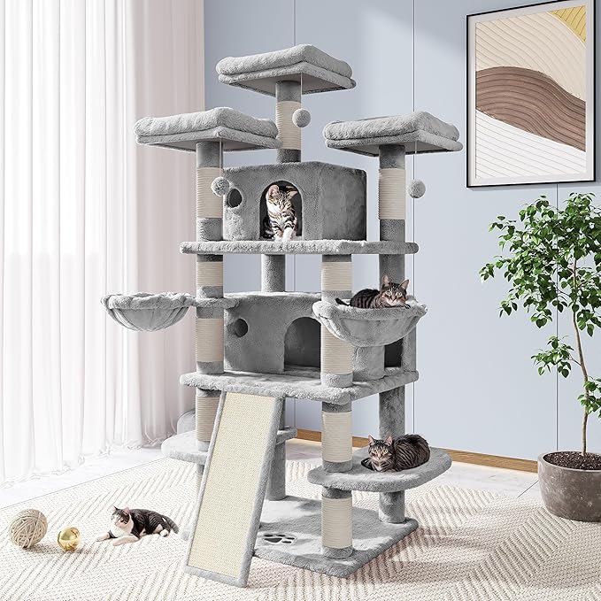 Allewie 68" Large Cat Tree — Multi-Level Climbing Tower with Condo, Sisal Posts & Plush Perches (Light Grey)