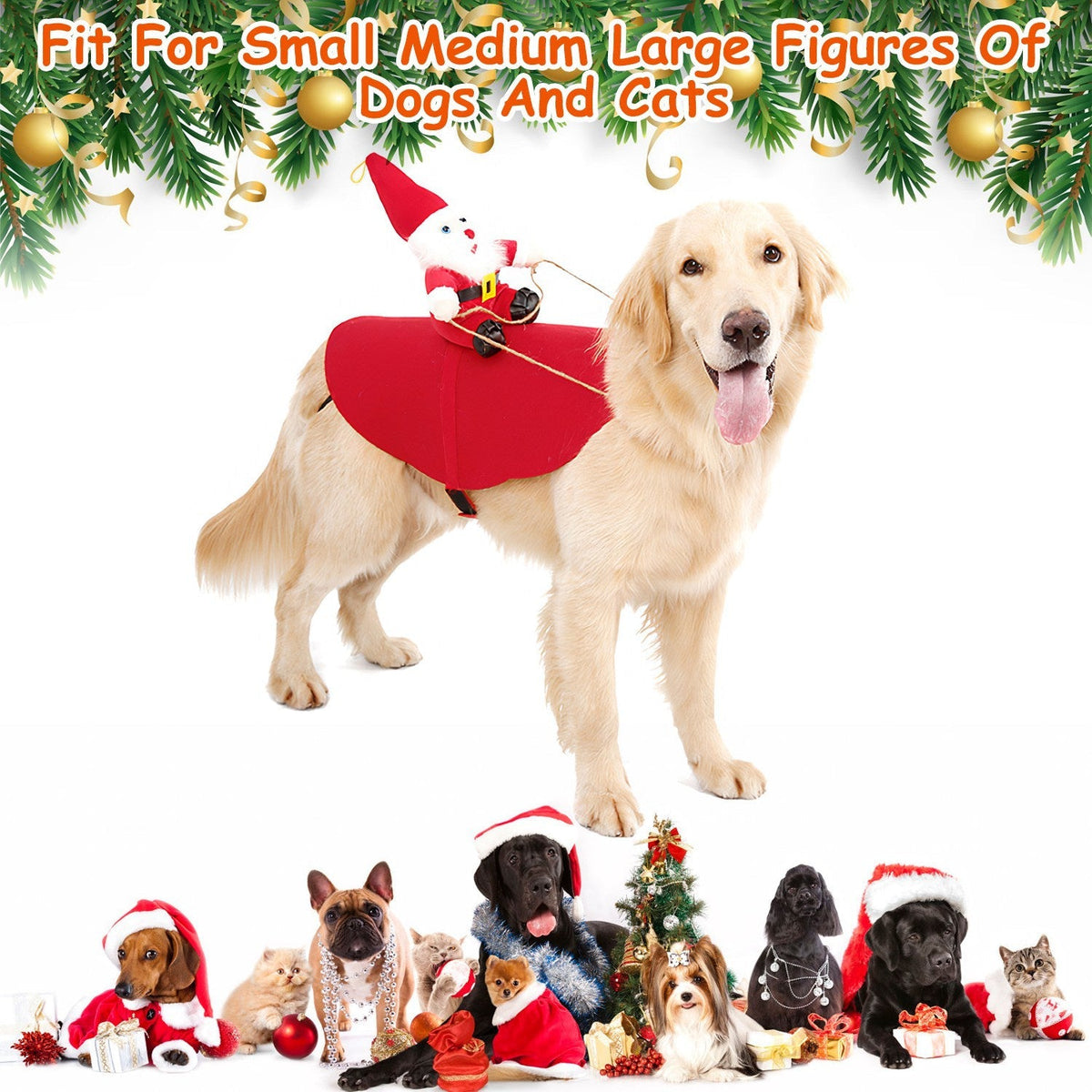 Santa Riding Pet Christmas Costume | Festive Red Coat with Bell | Dogs & Cats