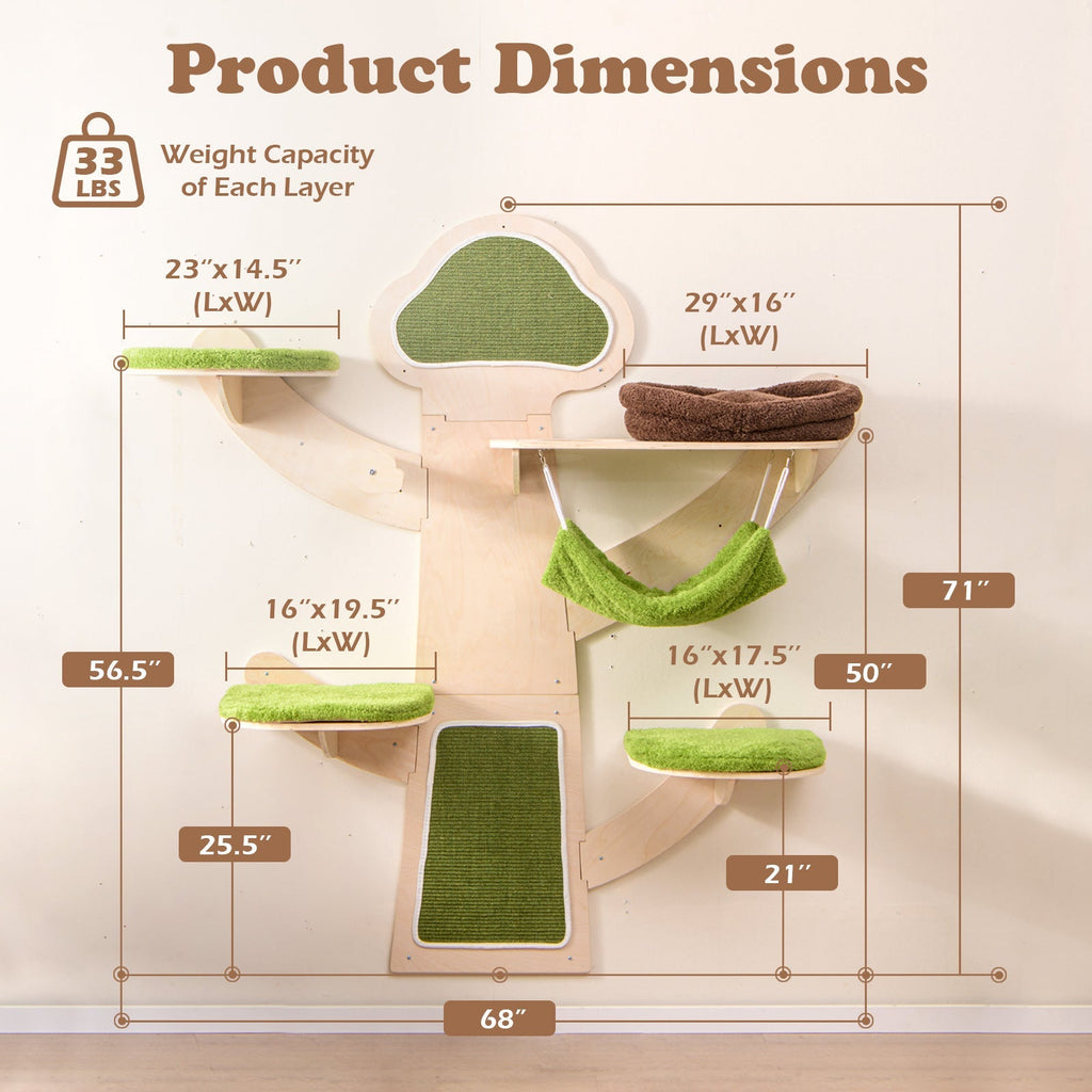 Wall-Mounted Cat Tower — 5-Layer Cat Wall Shelves with Hammock, Bed, Sisal Posts & Padded Platforms (Green)