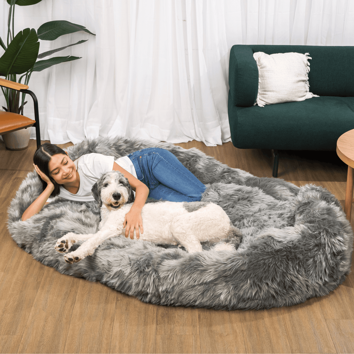 PupCloud™ Human-Size Faux Fur Memory Foam Dog Bed — Charcoal Grey
