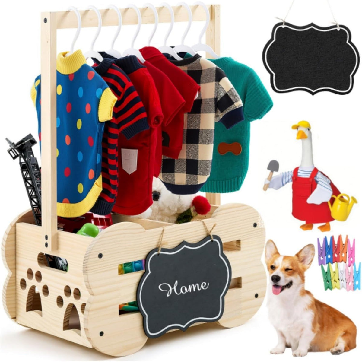 Pet Wardrobe & Toy Storage Organizer | Wooden Bone-Shaped Closet with Hangers