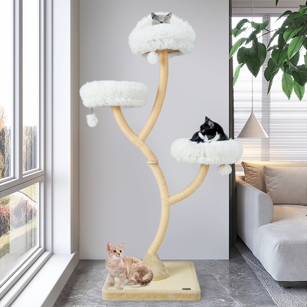 70" Tall Curved Metal Frame Cat Tree — 4-Layer Tower with 3 Cushioned Perches & Sisal Posts (Gray / Beige)