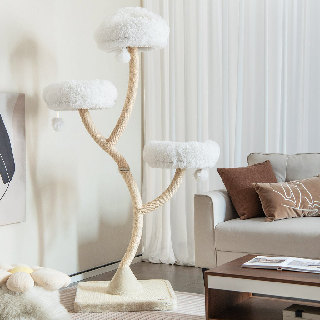 70" Tall Curved Metal Frame Cat Tree — 4-Layer Tower with 3 Cushioned Perches & Sisal Posts (Gray / Beige)