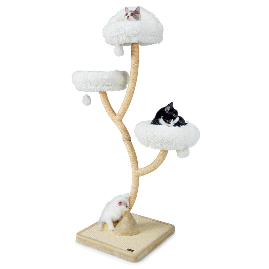 70" Tall Curved Metal Frame Cat Tree — 4-Layer Tower with 3 Cushioned Perches & Sisal Posts (Gray / Beige)