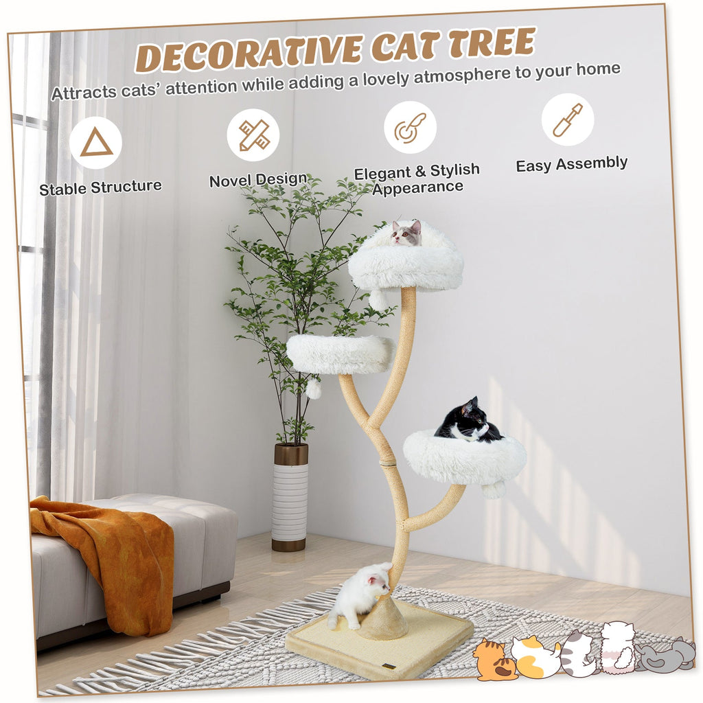 70" Tall Curved Metal Frame Cat Tree — 4-Layer Tower with 3 Cushioned Perches & Sisal Posts (Gray / Beige)