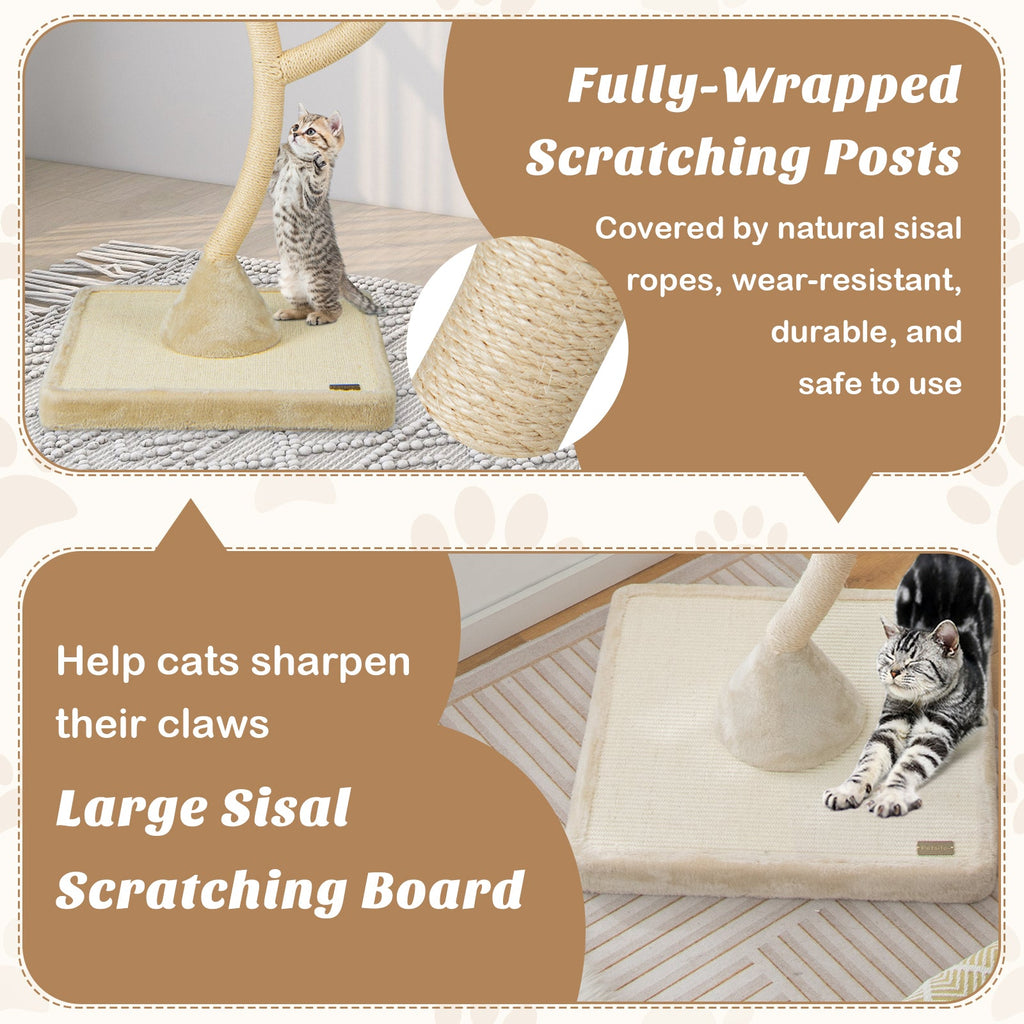 70" Tall Curved Metal Frame Cat Tree — 4-Layer Tower with 3 Cushioned Perches & Sisal Posts (Gray / Beige)