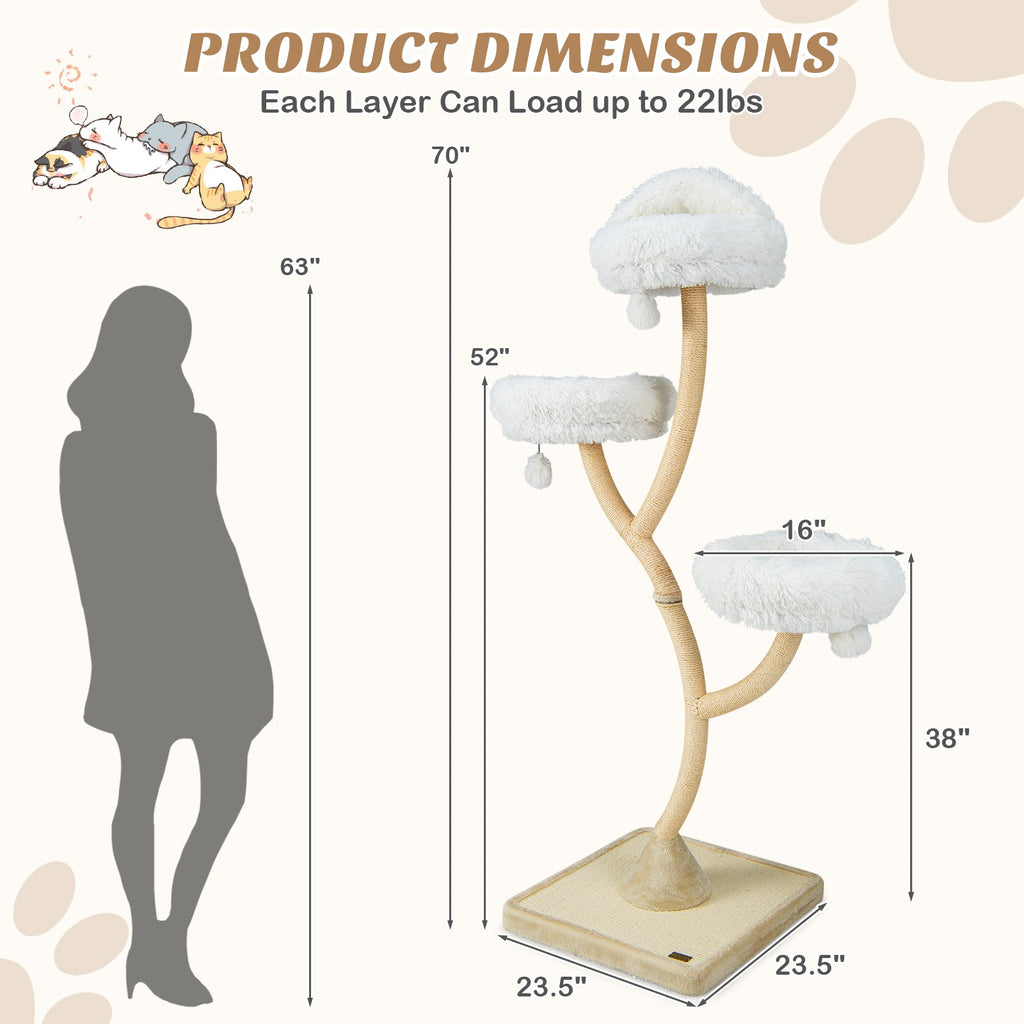 70" Tall Curved Metal Frame Cat Tree — 4-Layer Tower with 3 Cushioned Perches & Sisal Posts (Gray / Beige)