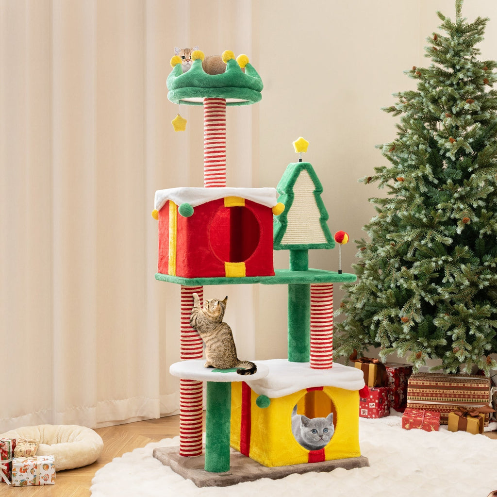 Christmas Cat Tree — Festive Cat Tower with Gift Box Condos, Santa Hat Perch, Sisal Tree & Star Toy (Multicolor)