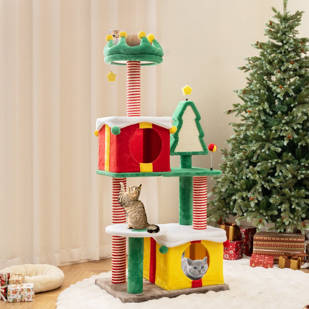 Christmas Cat Tree — Festive Cat Tower with Gift Box Condos, Santa Hat Perch, Sisal Tree & Star Toy (Multicolor)
