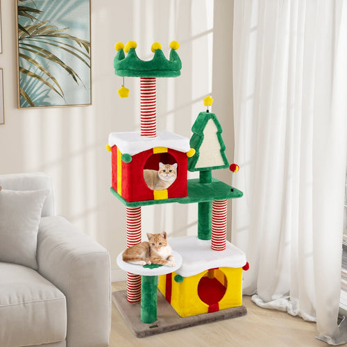 Christmas Cat Tree — Festive Cat Tower with Gift Box Condos, Santa Hat Perch, Sisal Tree & Star Toy (Multicolor)