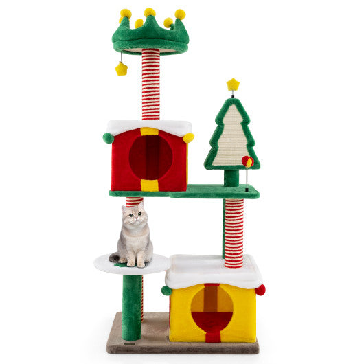Christmas Cat Tree Tower — Holiday Cat Tower with Gift Box Condos, Santa Hat Perch & Sisal Xmas Tree (61")