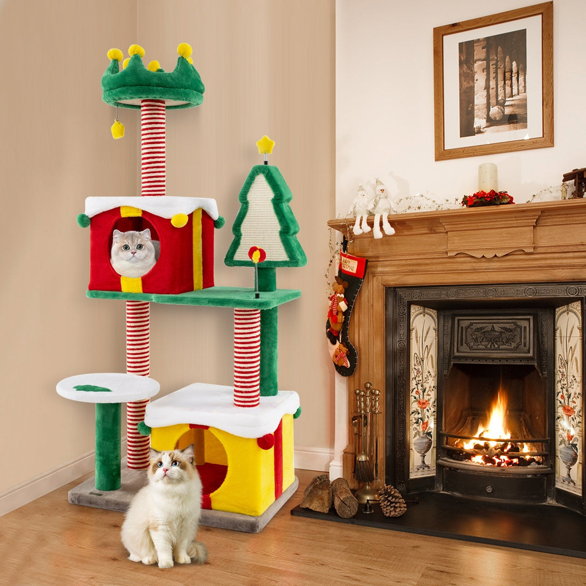 Christmas Cat Tree — Festive Cat Tower with Gift Box Condos, Santa Hat Perch, Sisal Tree & Star Toy (Multicolor)