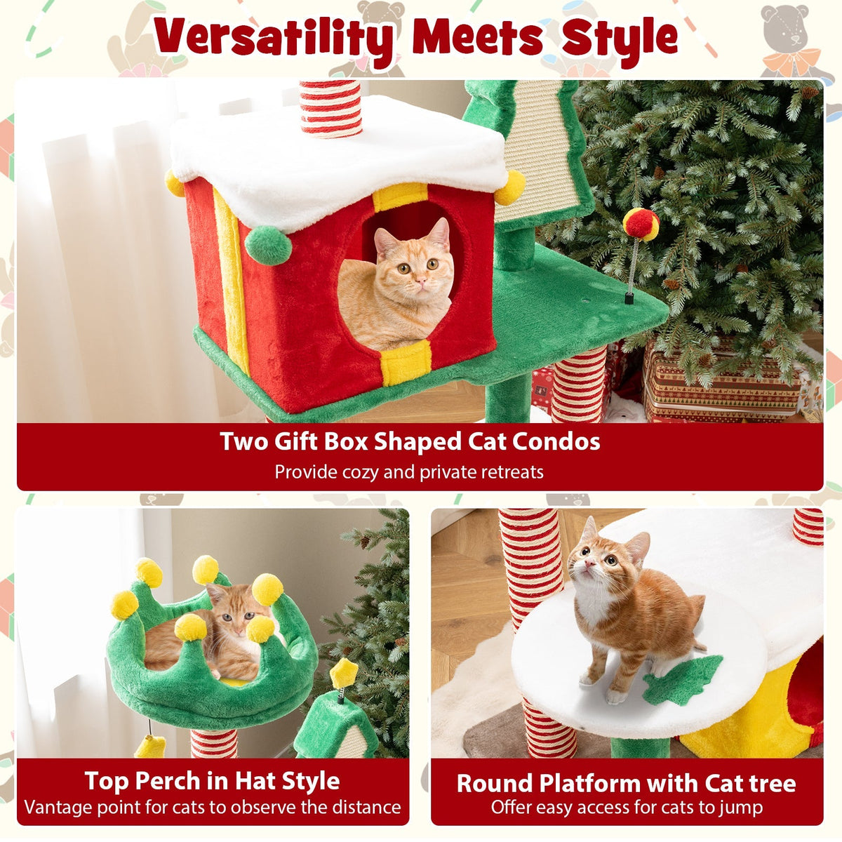 Christmas Cat Tree — Festive Cat Tower with Gift Box Condos, Santa Hat Perch, Sisal Tree & Star Toy (Multicolor)
