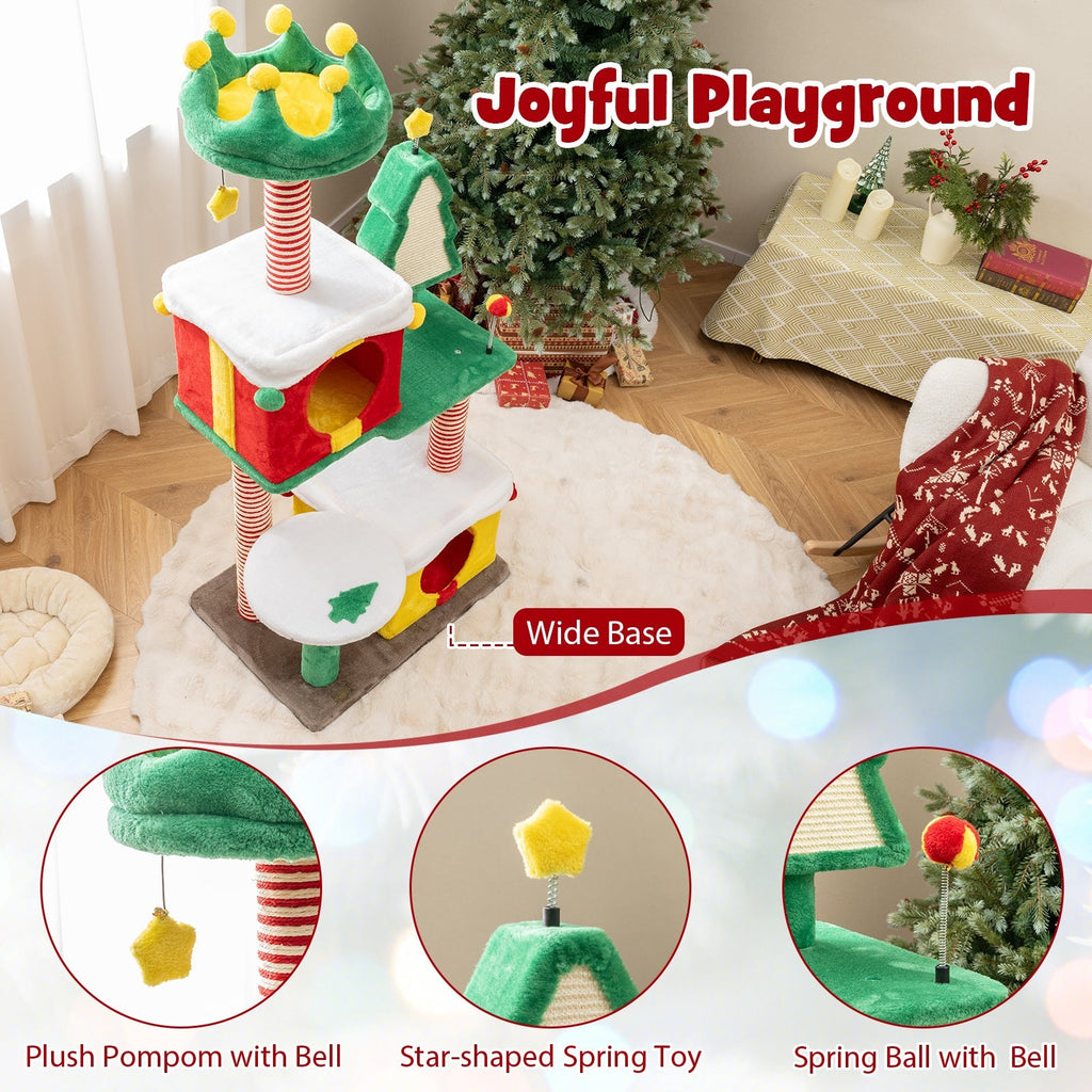 Christmas Cat Tree — Festive Cat Tower with Gift Box Condos, Santa Hat Perch, Sisal Tree & Star Toy (Multicolor)