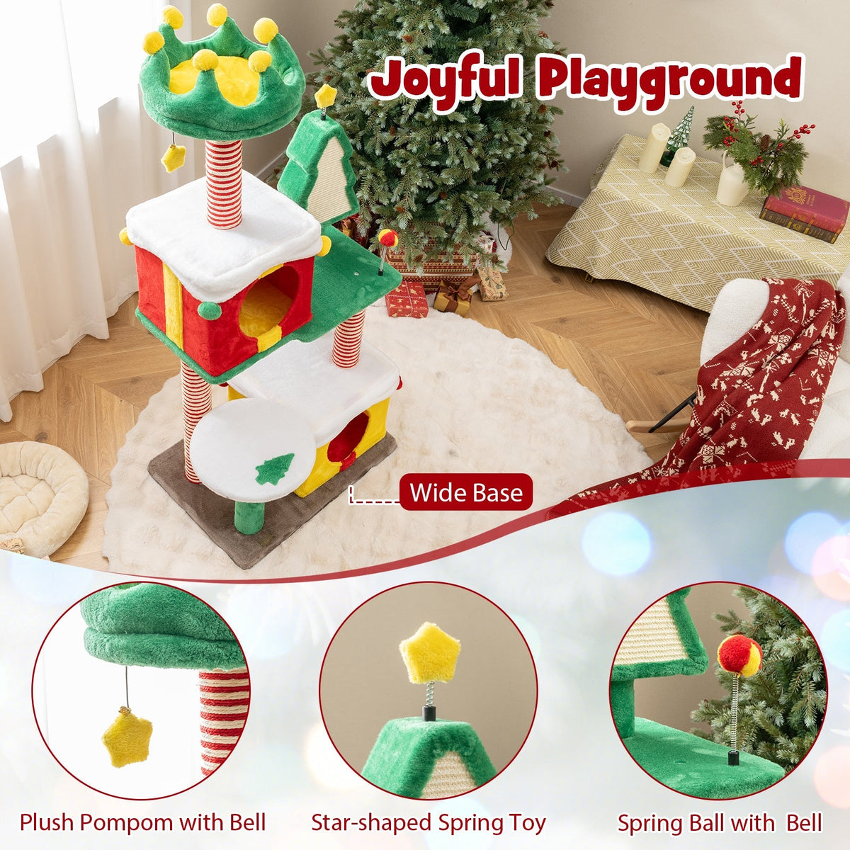 Christmas Cat Tree — Festive Cat Tower with Gift Box Condos, Santa Hat Perch, Sisal Tree & Star Toy (Multicolor)