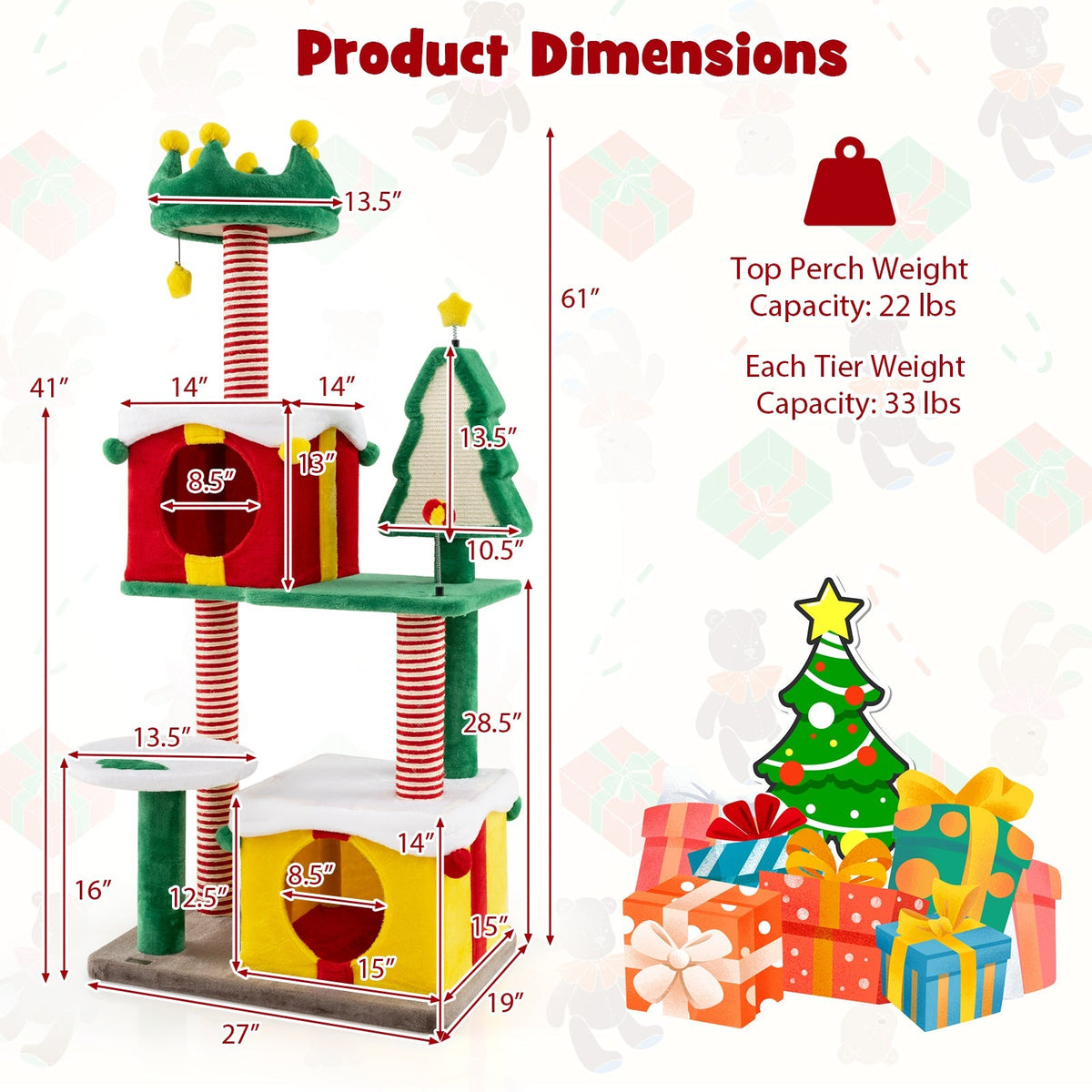 Christmas Cat Tree — Festive Cat Tower with Gift Box Condos, Santa Hat Perch, Sisal Tree & Star Toy (Multicolor)