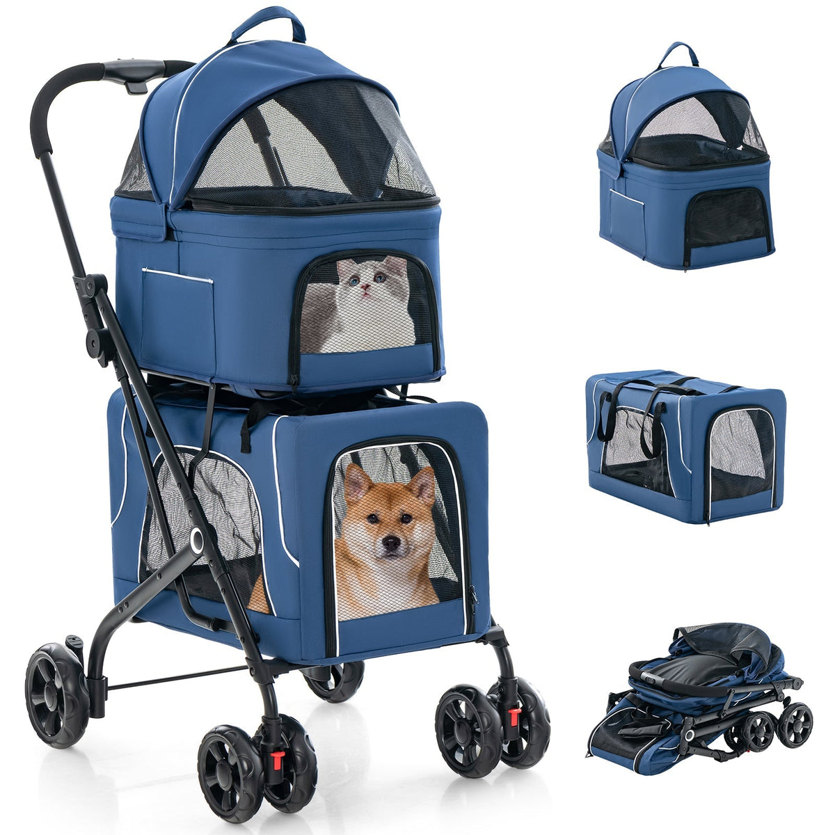 The Flauntly Paws Duo Stroller — Foldable 3-in-1 Double Pet Stroller with Detachable Carriers