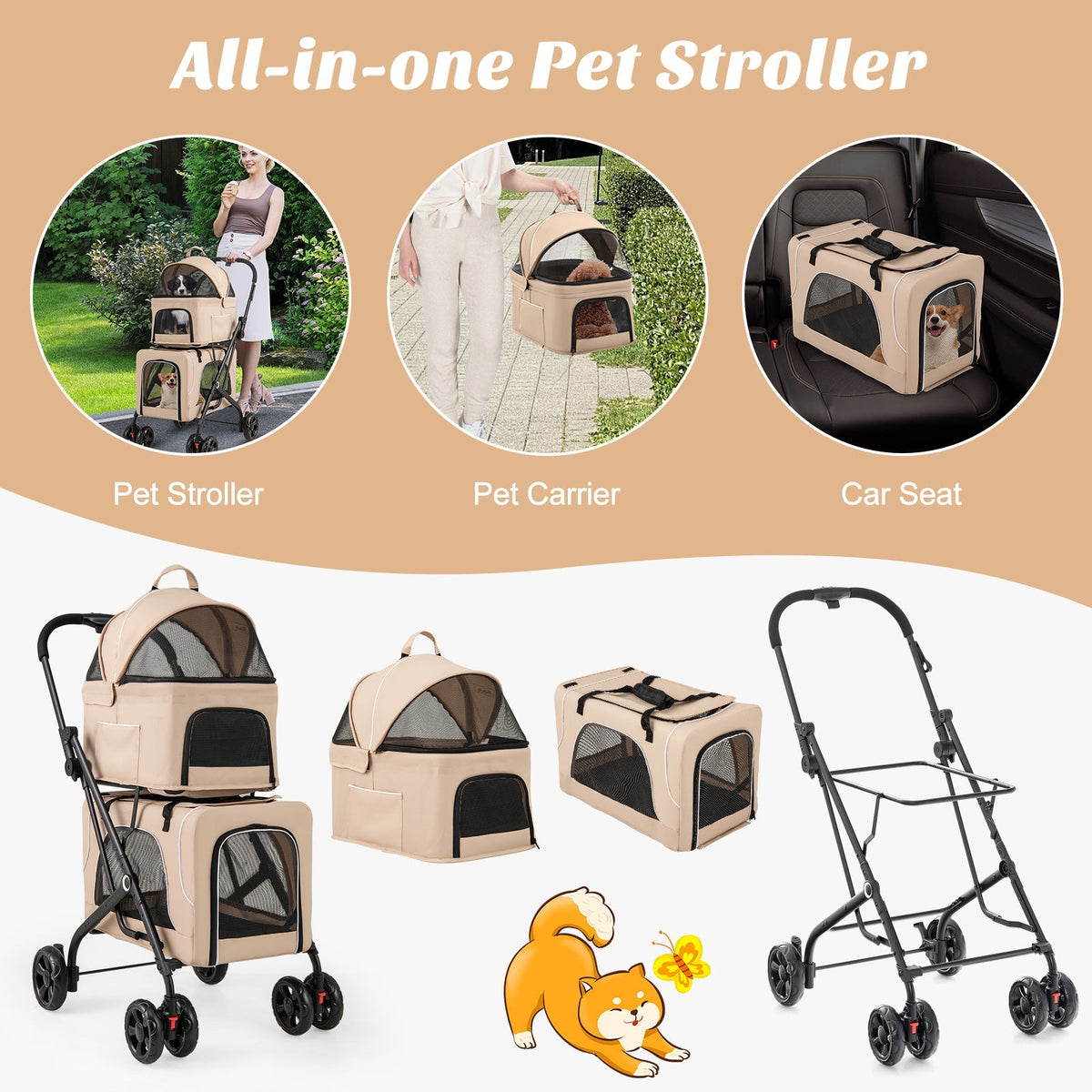 The Flauntly Paws Duo Stroller — Foldable 3-in-1 Double Pet Stroller with Detachable Carriers