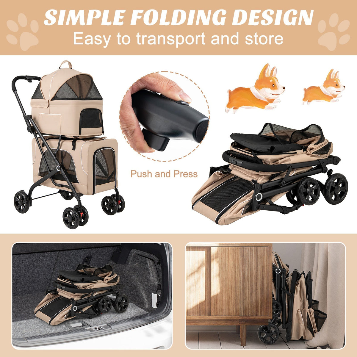 The Flauntly Paws Duo Stroller — Foldable 3-in-1 Double Pet Stroller with Detachable Carriers